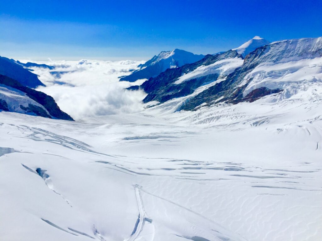 アルプス山脈最大の氷河 アレッチ氷河、氷河を守る人々の活動と環境保全の取り組みを示す様子