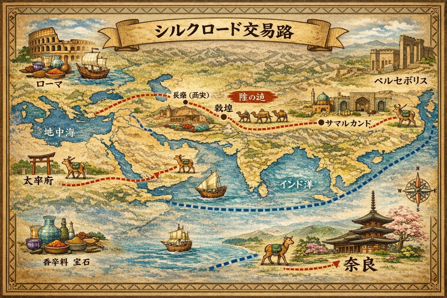 奈良からローマへ続くシルクロード交易路の地図、文化交流と歴史のつながりを示す