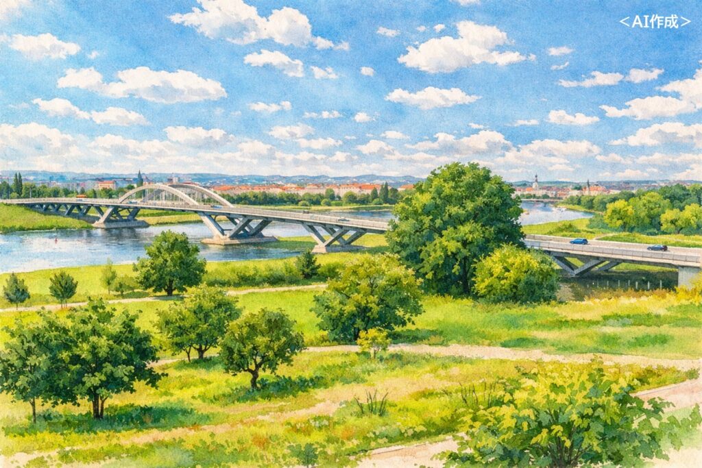 エルベ川に架かる近代的な橋のイラスト、世界遺産の取り消しや危機制度の仕組みを示す象徴的事例