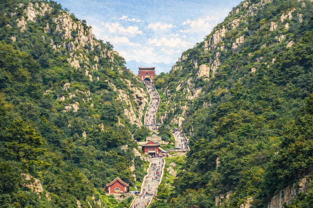 中国・泰山の石段と南天門へ続く参道の風景、自然と文化が融合した世界遺産の特徴