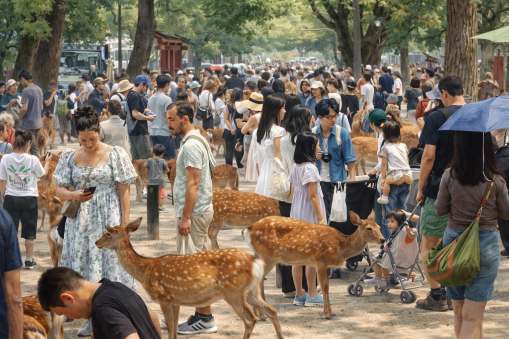 世界遺産周辺に多くの観光客が訪れ地域経済が活性化する様子