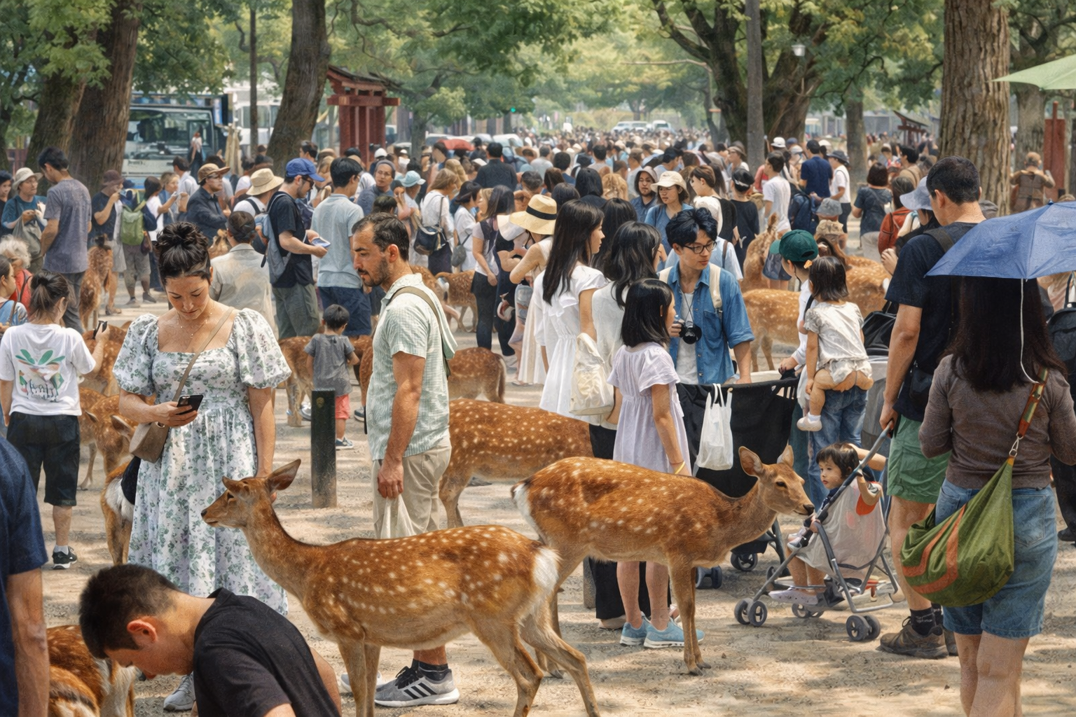 奈良公園の鹿と多くの観光客で賑わう風景、都市化や観光によって変化する世界遺産の現状