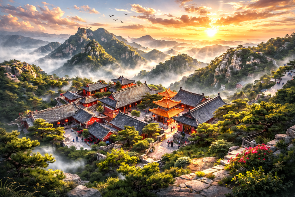 中国世界遺産・泰山の山頂に建つ伝統的寺院と雲海に包まれた神聖な風景、東アジアの自然と文化が融合した世界遺産の特徴を示す