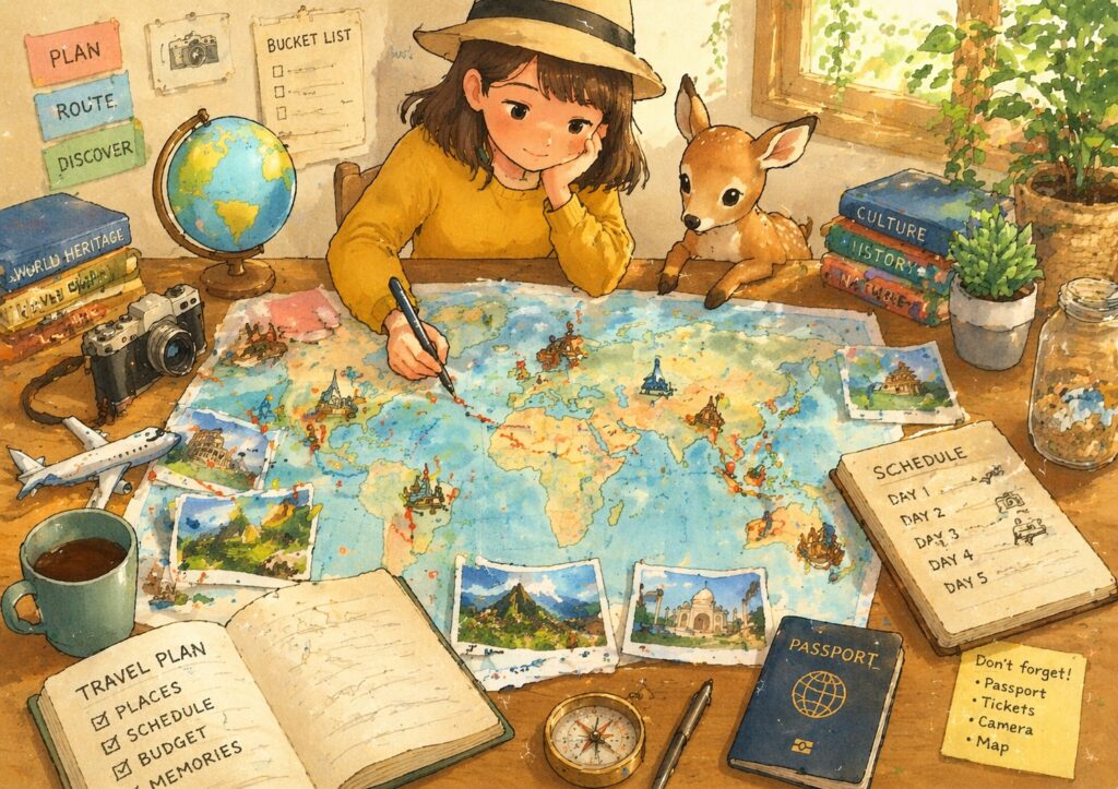 世界遺産旅行のモデルルートを地図で計画しているイメージ