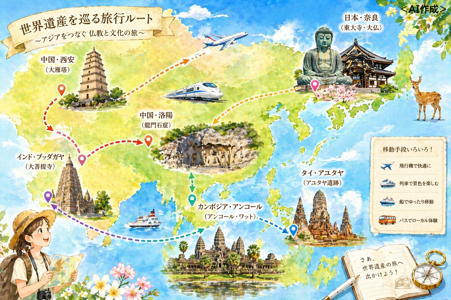 世界遺産を巡る旅行コースを示すイラスト