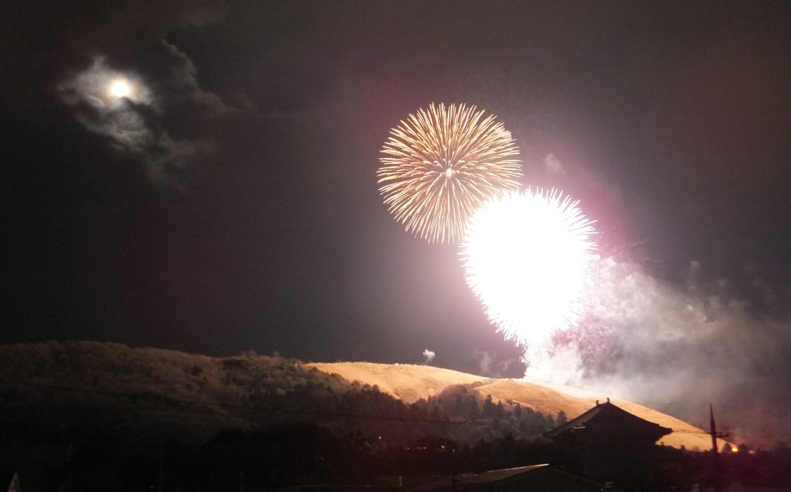 満月、大輪の花火、そしてその光に照らし出されて黄金色に浮かび上がる若草山のシルエット