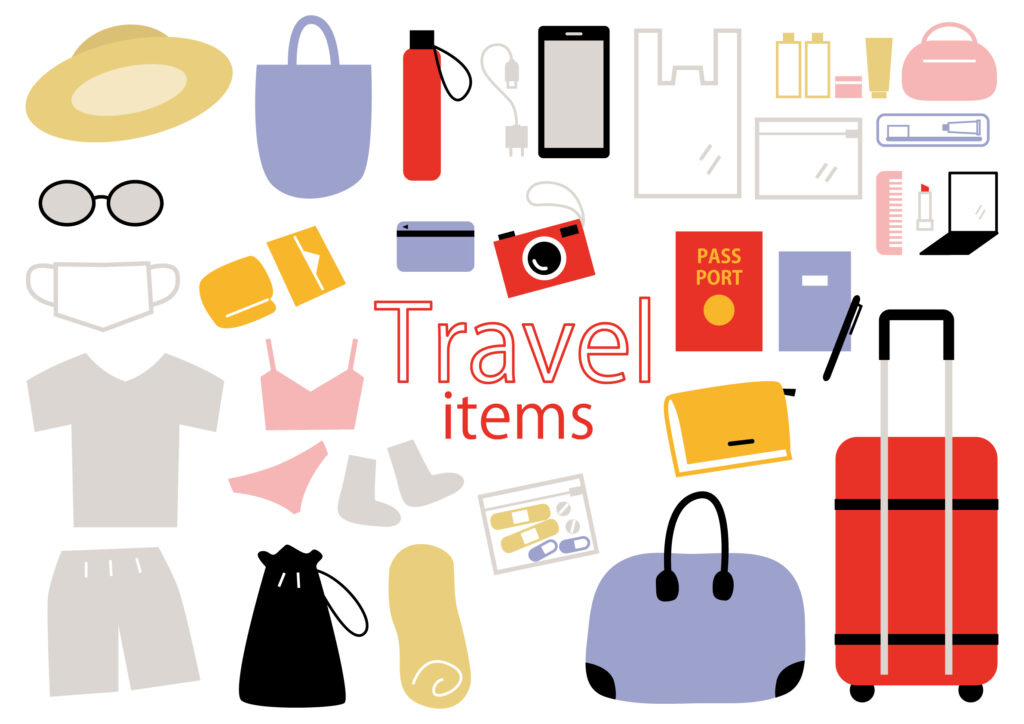 世界遺産旅行の基本的な持ち物を整理したパッキングの様子