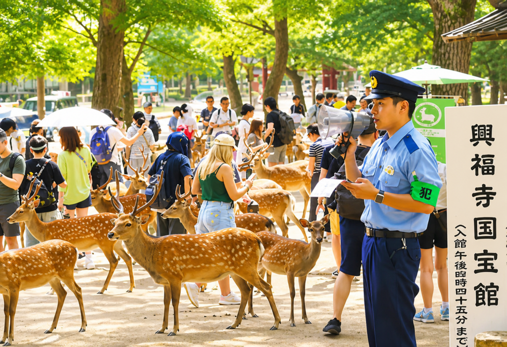 奈良公園で観光客と鹿が集まる人気観光地の様子