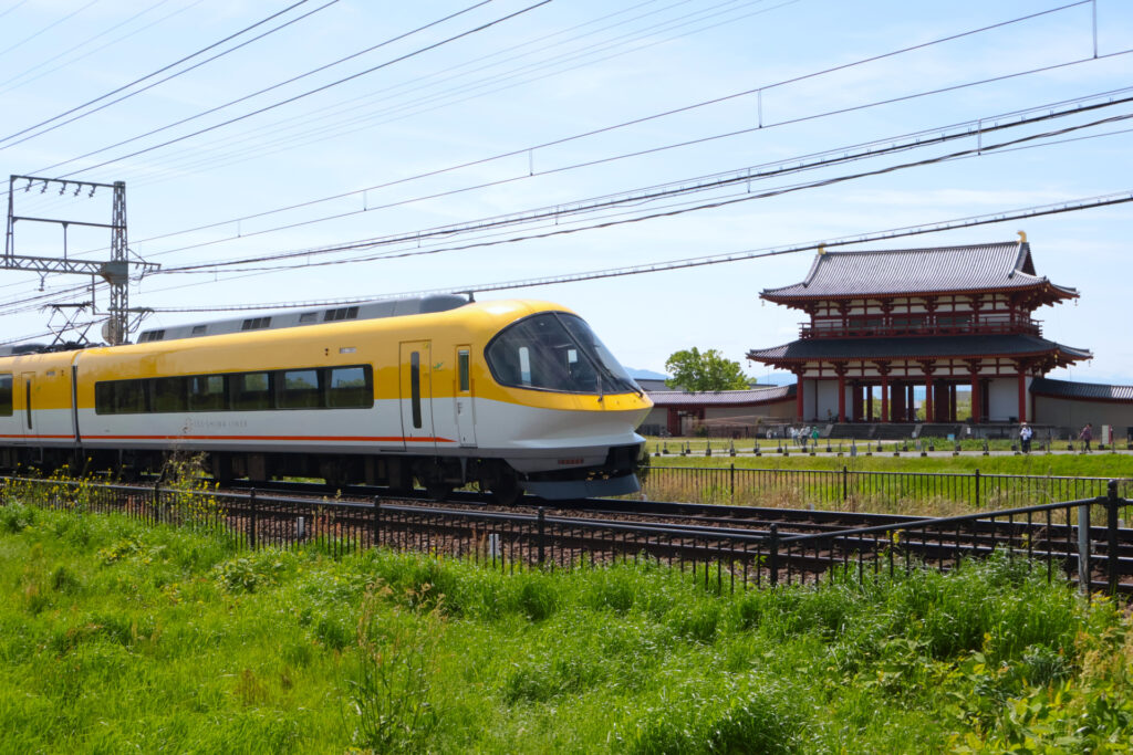 世界遺産の真ん中を近鉄電車が走る。