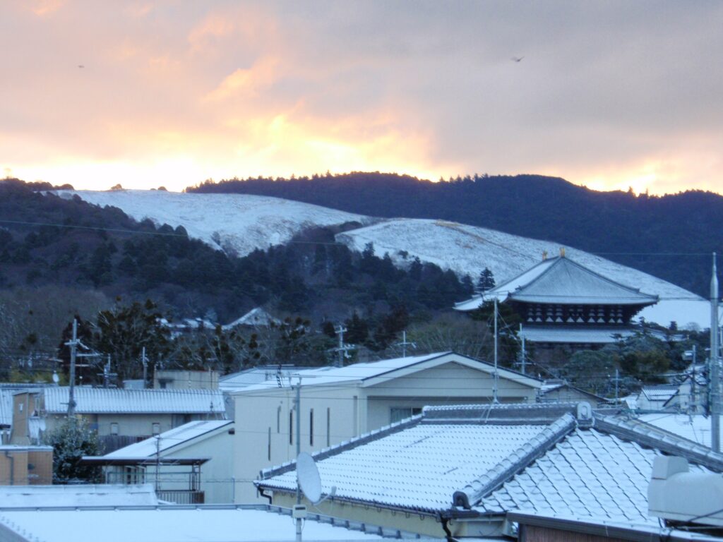 雪化粧した東大寺と若草山